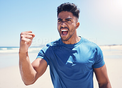 Buy stock photo Shot of a man celebrating while out for a workout