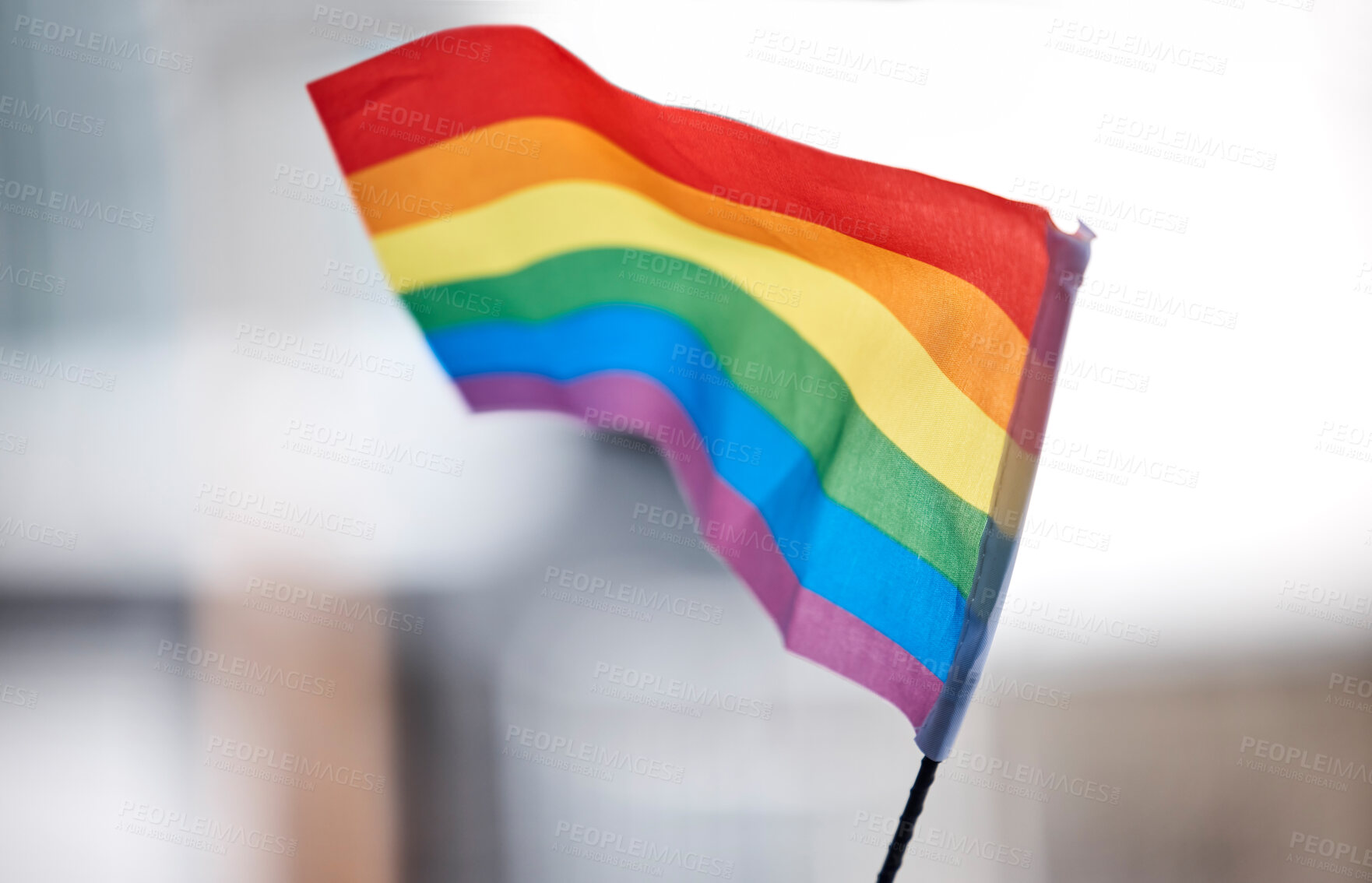 Buy stock photo Pride, flag and lgbtq protest in outdoor, demonstration and rally for tolerance in society politics. Fight, public movement and symbol of rainbow support, march and riot government problem or ban