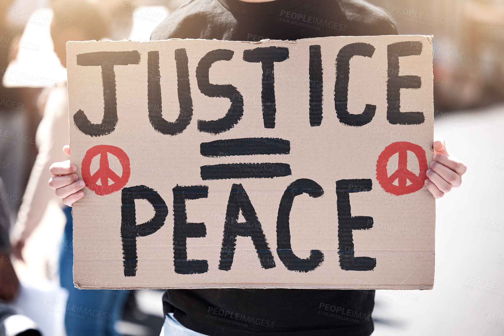 Buy stock photo City, protest and hands with poster for justice, human rights and fighting against discrimination violence. Community, person and activism with placard, board and sign for peace demand in rally