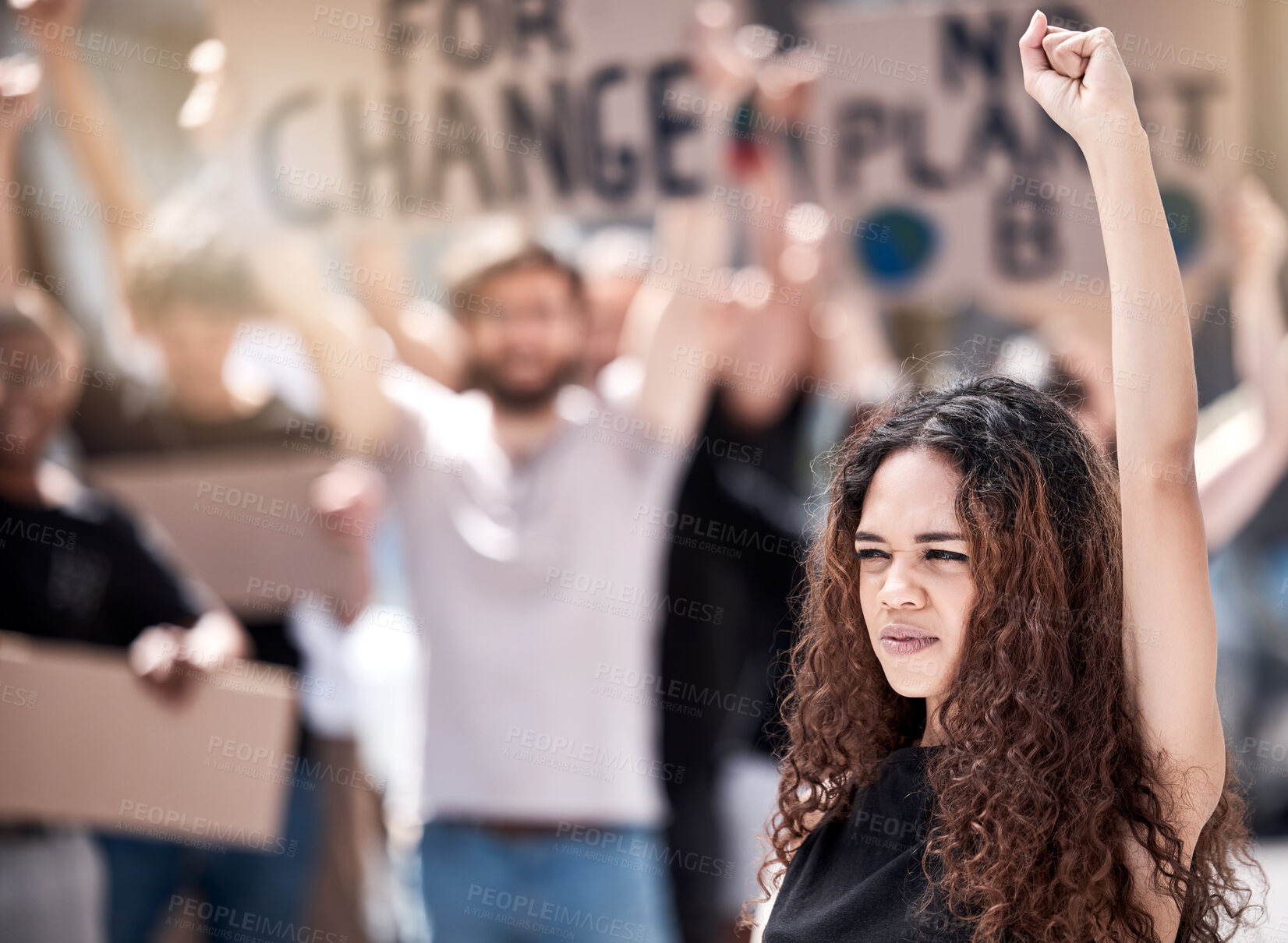 Buy stock photo Angry, woman and protest with fist in group for climate change, environment action and saving planet. Political, demonstration and crowd with cardboard banner for global support, earth day or ecology