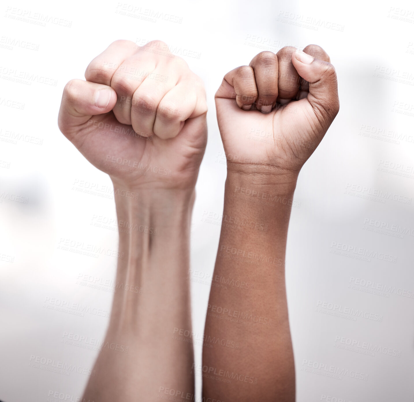 Buy stock photo Hands, fist and people in protest for equality, human rights and diversity for peace against racism. Motivation, freedom and solidarity of teamwork for justice, resistance and support in rally