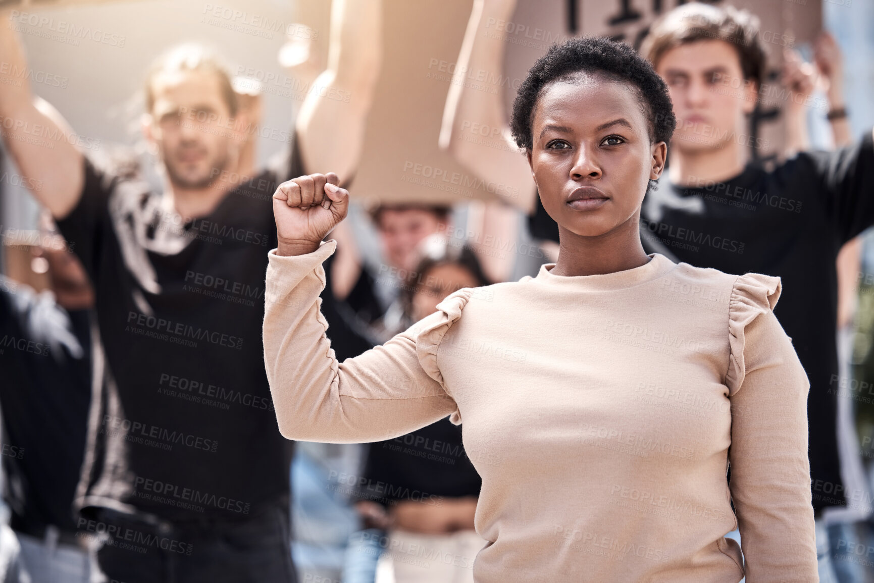 Buy stock photo Woman, fist and protest with crowd in portrait for climate change, announcement or support in city. People, group and sign of power in street for action, solidarity or sustainability in San Francisco