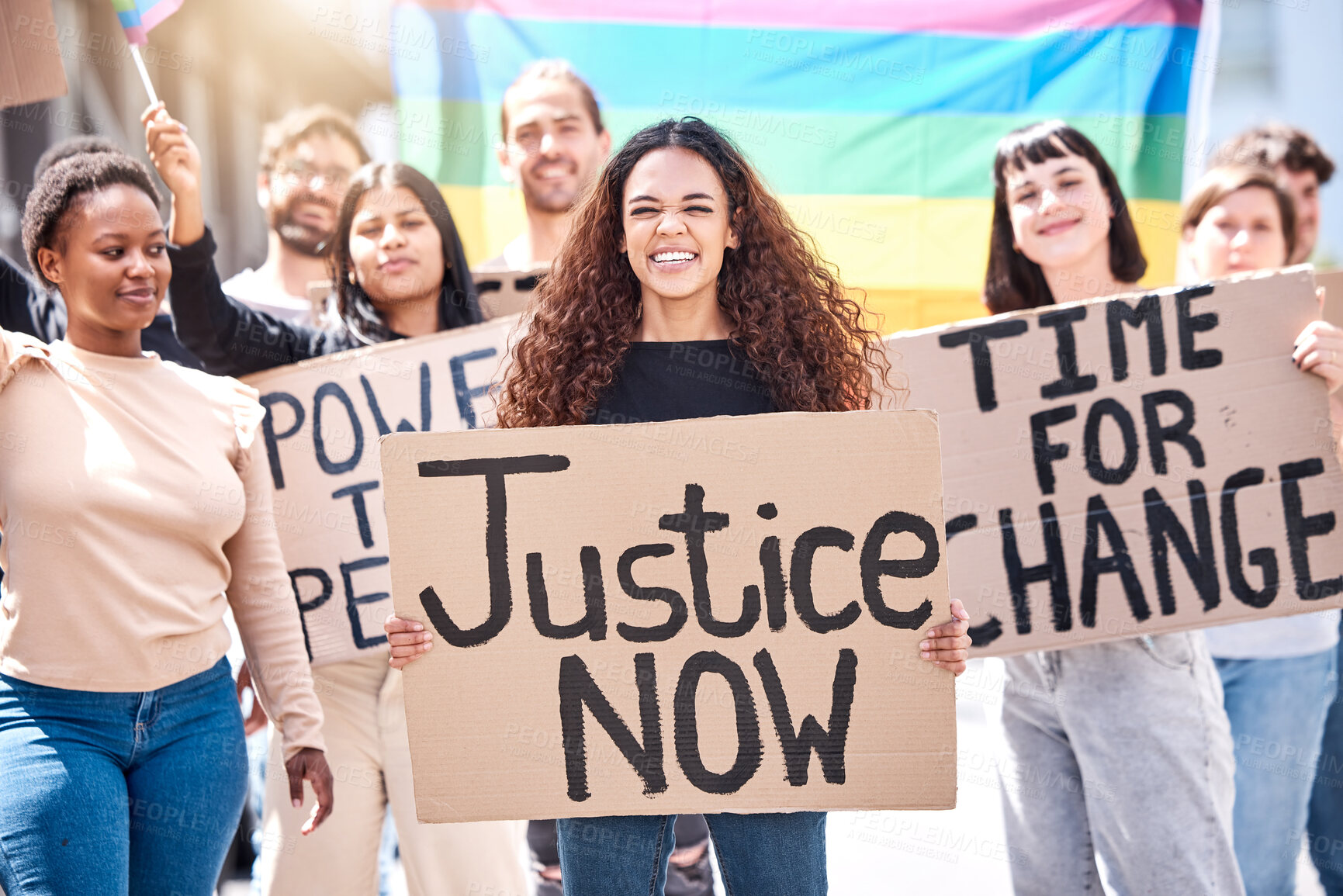 Buy stock photo Climate change, people and crowd for justice with poster outdoor for environment action or saving planet. Political, demonstration or group with cardboard banner for global support or earth day rally