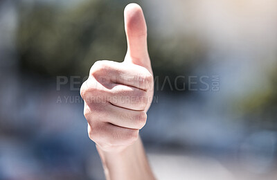 Buy stock photo City, agreement and hand of person with thumbs up in sunshine for success, support and good news. Arm, air and emoji gesture of approval for achievement luck, winning motivation and trust in review