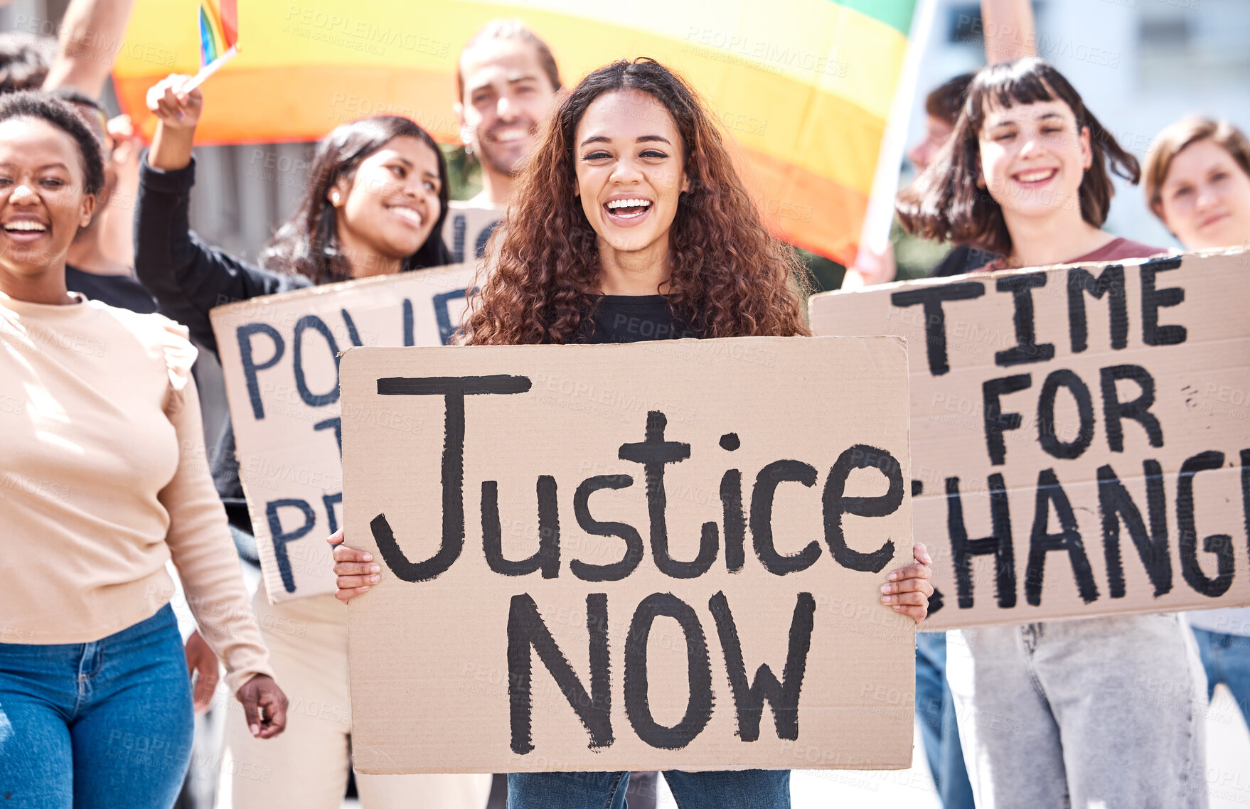 Buy stock photo Happy, crowd and group with poster in protest for climate change, environment action and saving planet. Political, demonstration and diversity collaboration with cardboard banner for global support