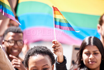 Buy stock photo Pride, lgbtq and flag with people in protest for freedom, support and gay rally. Rainbow, society and community with crowd of protesters marching in city or equality, gender identity and celebration