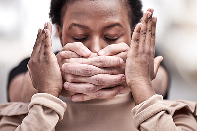 Buy stock photo Face, woman and criminal hand on mouth for silence with abuse, domestic violence and force with hostage. Kidnapping, person and victim of danger, vulnerable and sexual harassment with threat outdoor