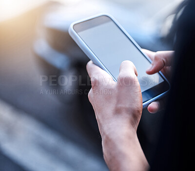 Buy stock photo Online, network and hands of person with phone for social media protest, digital community and communication. Smartphone, typing and global user connection for propaganda, fake news or cyber bullying