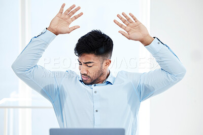 Buy stock photo Professional, man and sweat on shirt at the office with anxiety stress as an entrepreneur. Male person, armpit and sweating on body is working at a desk with worry, pressure and heat at a company.