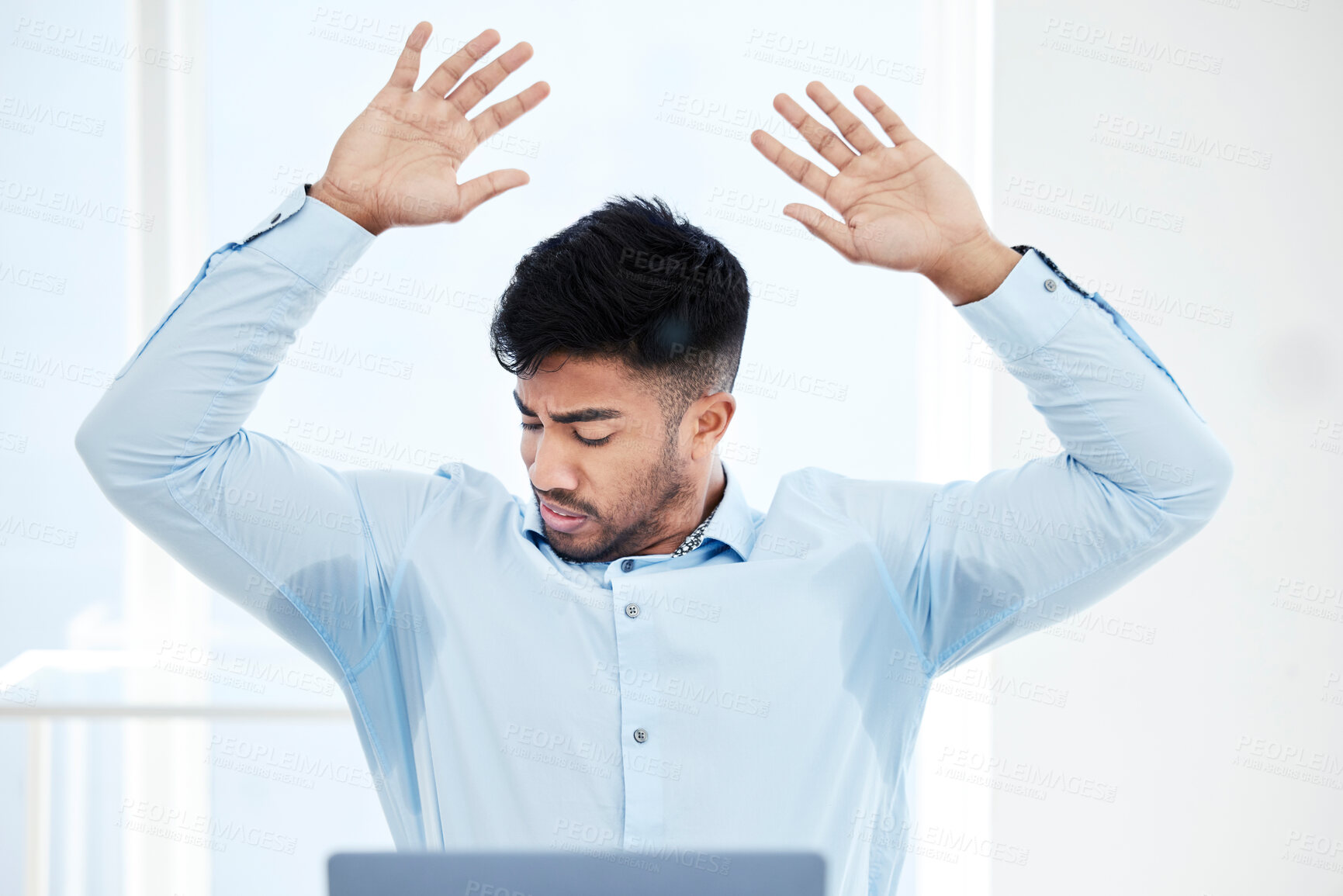 Buy stock photo Professional, man and sweat on shirt at the office with anxiety stress as an entrepreneur. Male person, armpit and sweating on body is working at a desk with worry, pressure and heat at a company.