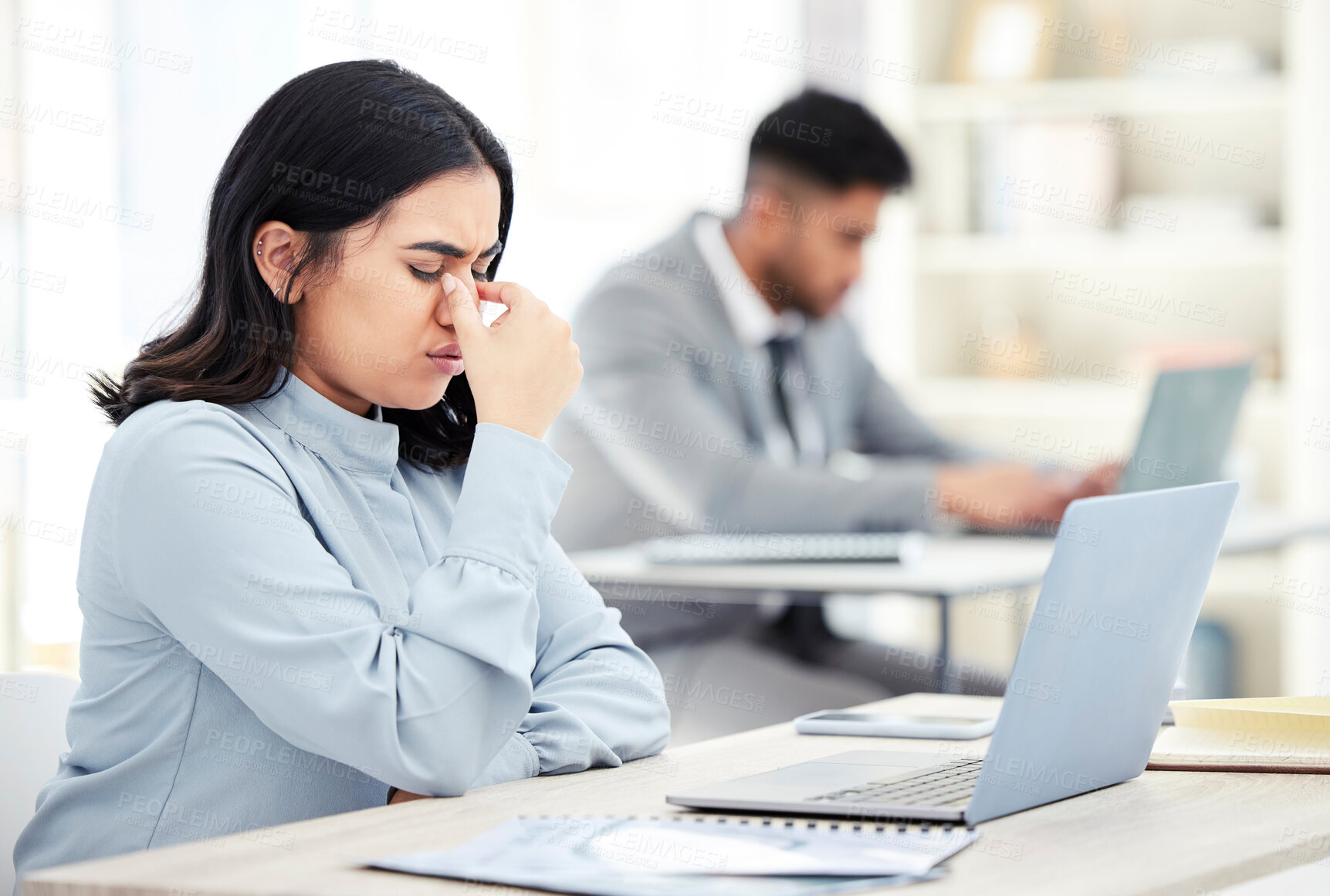 Buy stock photo Laptop, businesswoman and headache for tired in office, anxious and fatigue for corporate employee. Workplace, brain fog and agent with stress pain of migraine, deadline and lack of time management