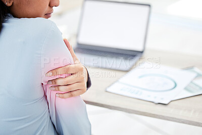 Buy stock photo Closeup shot of an unrecognisable businesswoman experiencing arm pain while working in an office