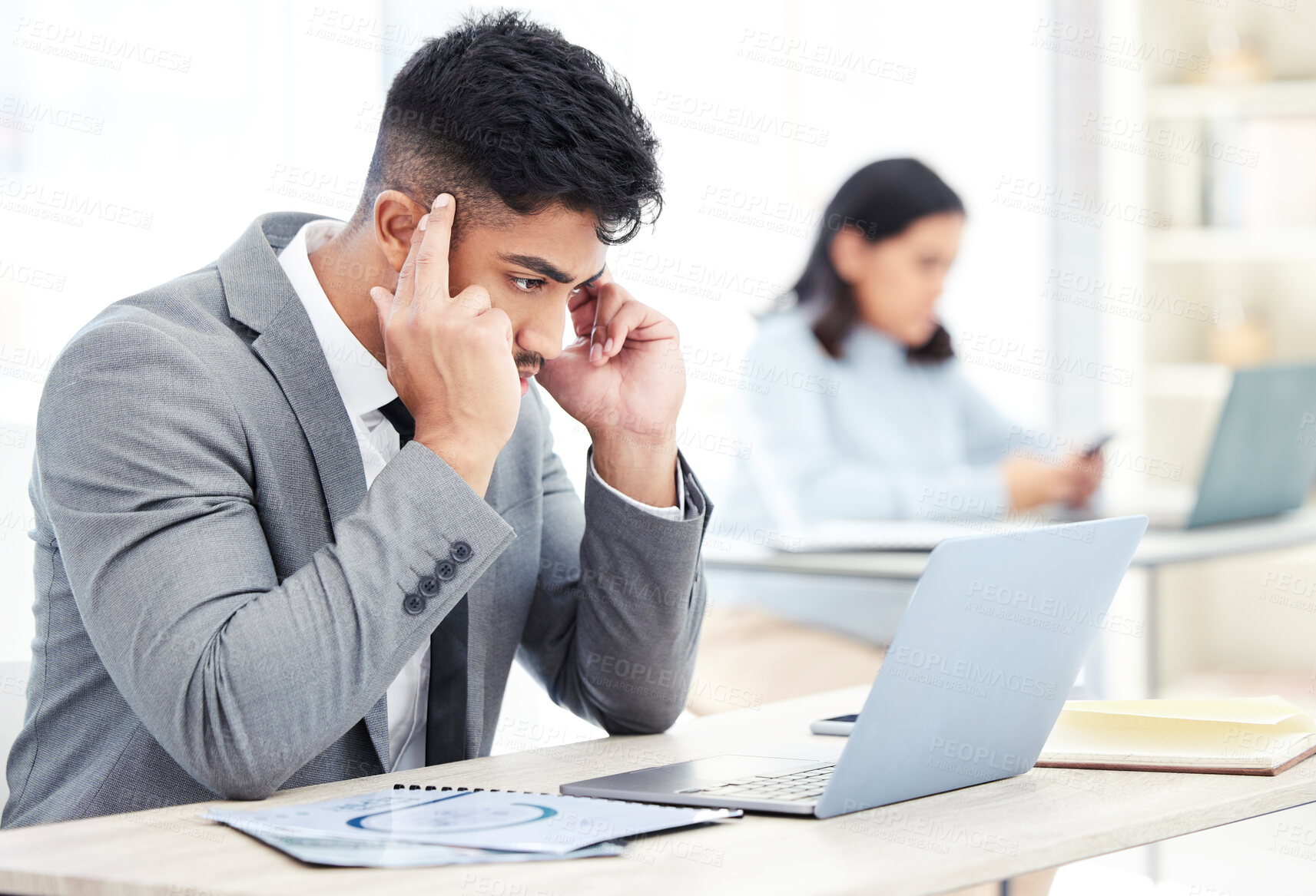 Buy stock photo Laptop, businessman and headache for stress in office, burnout and fatigue for corporate employee. Workplace, brain fog and consultant with pain of migraine, deadline and lack of time management