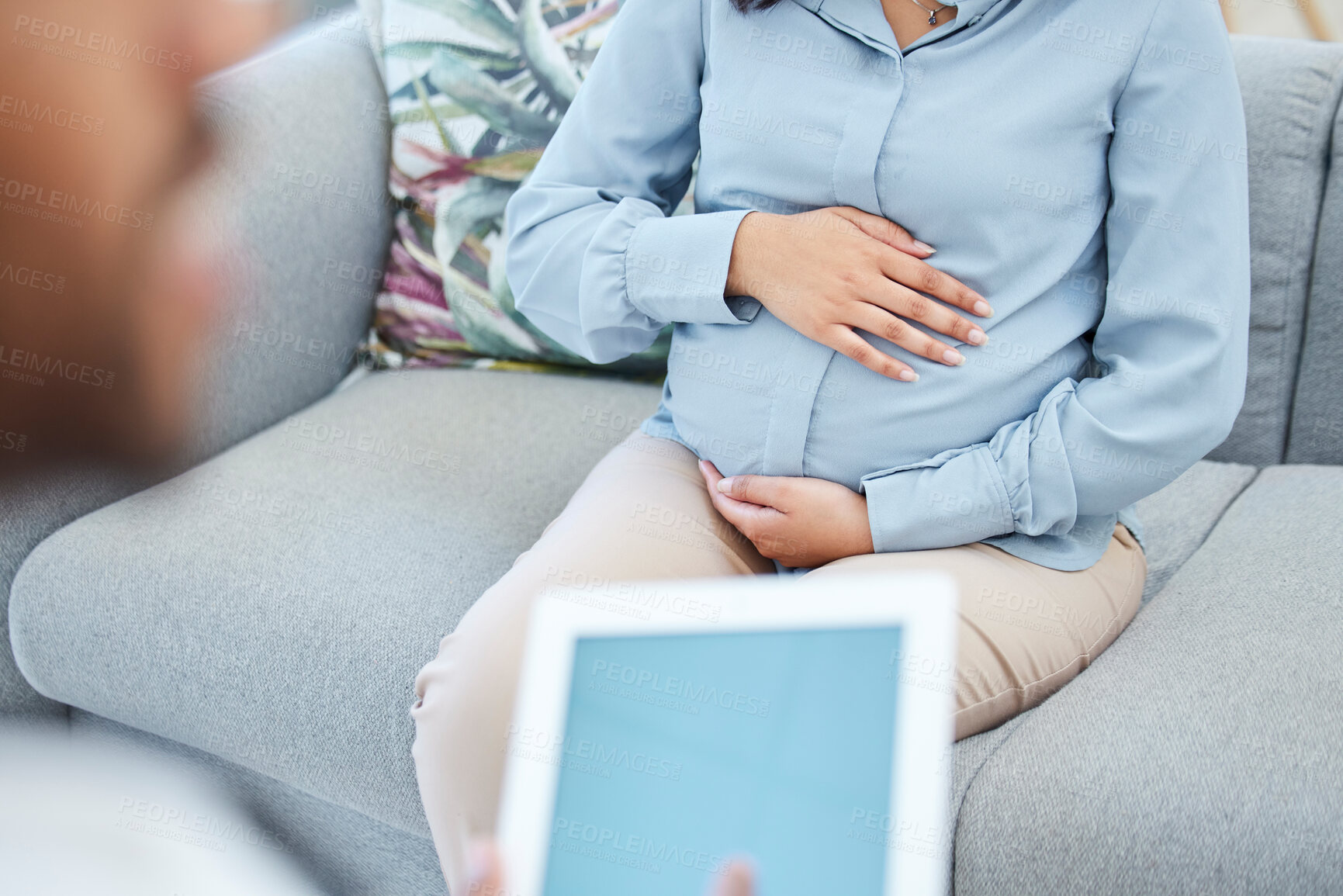 Buy stock photo Medical, pregnant woman and doctor in hospital with tablet, typing and record progress for pregnancy. Screen, patient and obstetrician with digital for baby growth, development or wellness in checkup