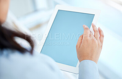 Buy stock photo Screen, hands and mockup in office with tablet, research and scroll for online information. Workplace, business journalist and digital for blog review, access article and news topics for reading