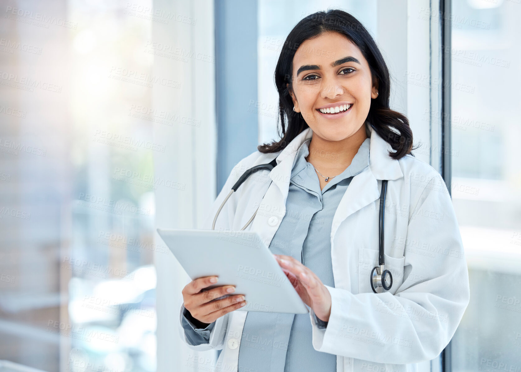 Buy stock photo Woman, doctor and tablet with smile, happy and online for testing lab results for patient. Medical, research or portrait of female person for report on treatment, medicine or internet for information