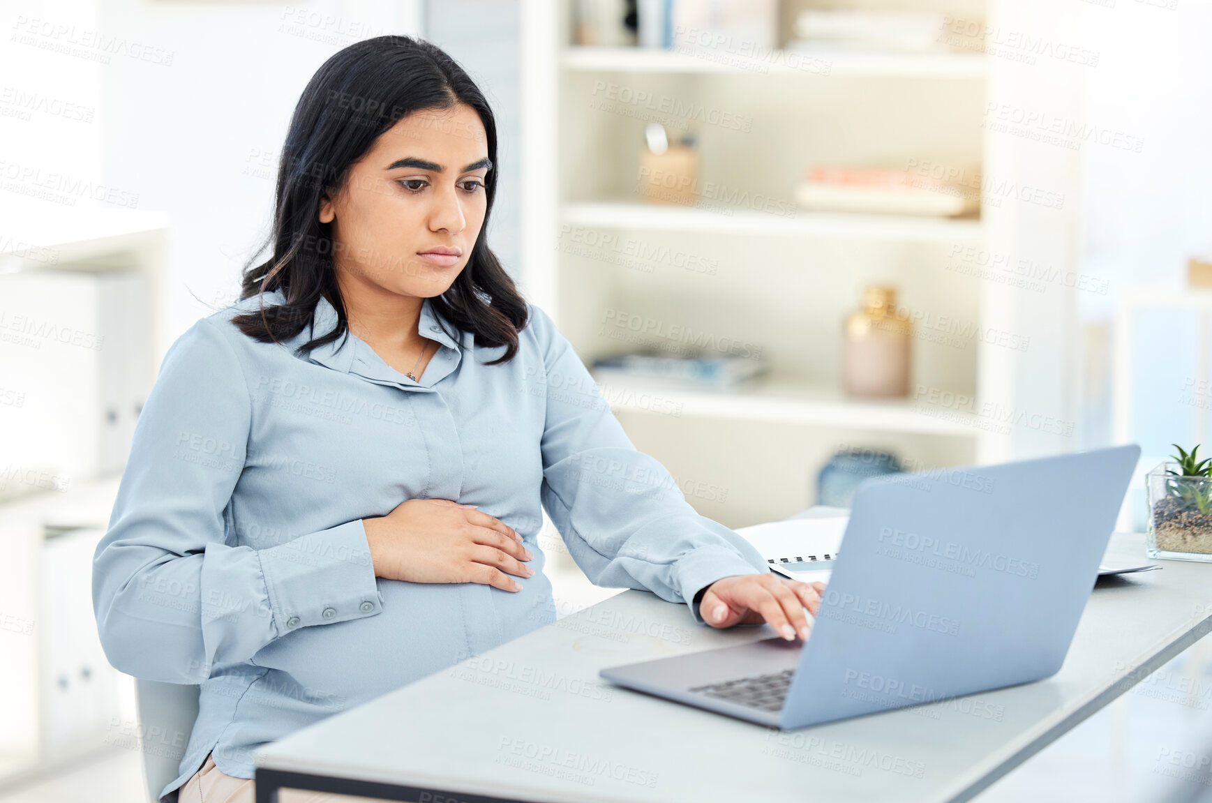 Buy stock photo Pregnant, business and woman with laptop, internet and planning with connection, maternity and research. Person, employee or consultant with computer, pregnancy or online reading for schedule or tech