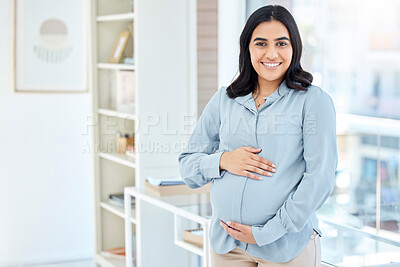 Buy stock photo Happy, business and portrait o pregnant woman in office for professional, pride and entrepreneur. Creative, career and happiness with female employee for maternity, pregnancy and motherhood