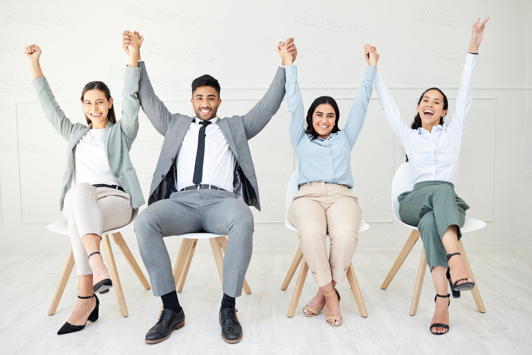 Buy stock photo Portrait, business people and holding hands for celebration, winning and teamwork on gray background. Face, group and employees with gesture, excited and success with victory, support and achievement