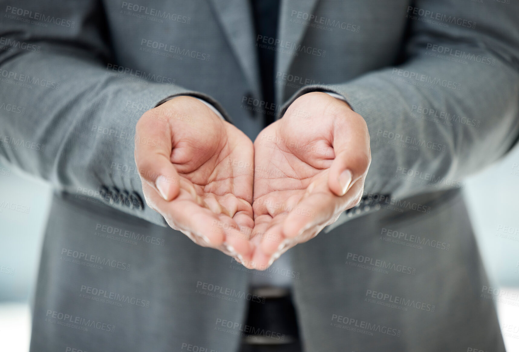 Buy stock photo Hands, charity and businessman with poverty, begging for financial aid and donation for unemployment. Support, insurance and investment or compassion and kindness for person in company for job loss