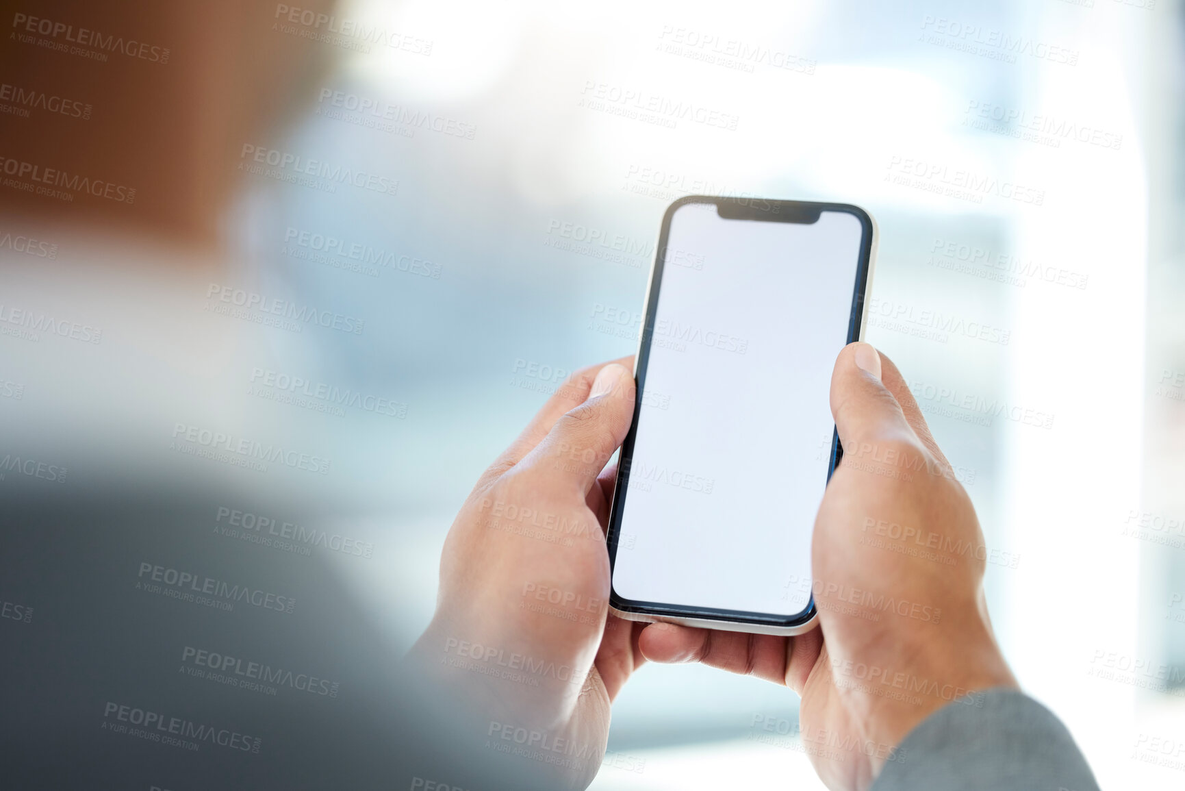 Buy stock photo Blank, hands and businessperson in office with phone screen for texting, notification or online. Mockup space, corporate and financial broker for stock market, information or check investment on app