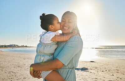 Buy stock photo Kiss, cheek and mom with child at beach for bonding on summer holiday, vacation and weekend by ocean. Sunshine, family and happy mother with young girl for relationship, affection and relax outdoors