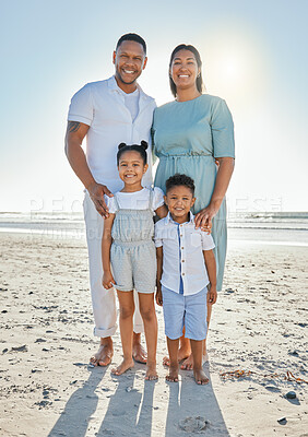 Buy stock photo Happy, beach and portrait of parents with kids for bonding on summer holiday, vacation and weekend by ocean. Sunshine, family and mom, dad and children for relationship, adventure and relax outdoors