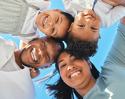 Buy stock photo Outdoor, support and portrait of happy family in huddle for fun bonding or playing in nature together. Teamwork, smile or below of people on holiday vacation with group, parents or kid for wellness