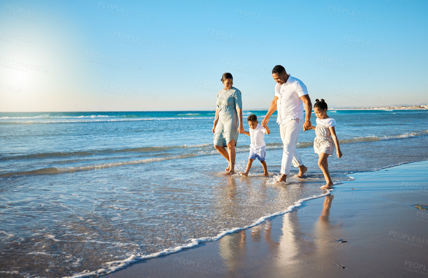 Buy stock photo Family travel, beach walking and holding hands with mother, father and kids at ocean on holiday. Vacation and parent care with mockup in summer outdoor with mom, dad and children by sea having fun