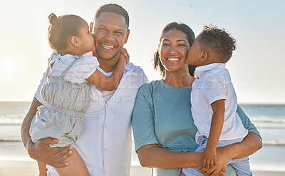 Buy stock photo Kiss, beach and portrait of parents with children for bonding on summer holiday, vacation and weekend. Sunshine, family and mom, dad and kids by ocean for relationship, affection and relax outdoors