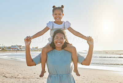 Buy stock photo Shoulders, beach and portrait of mom with child for bonding on summer holiday, vacation and weekend. Happy, family and mother with young girl for playful relationship, affection and relax outdoors