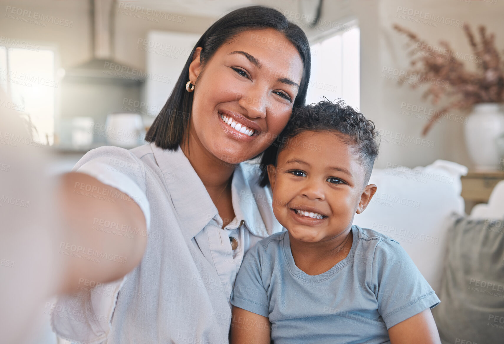 Buy stock photo Mother, son and portrait in home for selfie, bonding and social media together with love on sofa. Mom, boy and smile in living room for profile picture, memory and relax as happy family with support