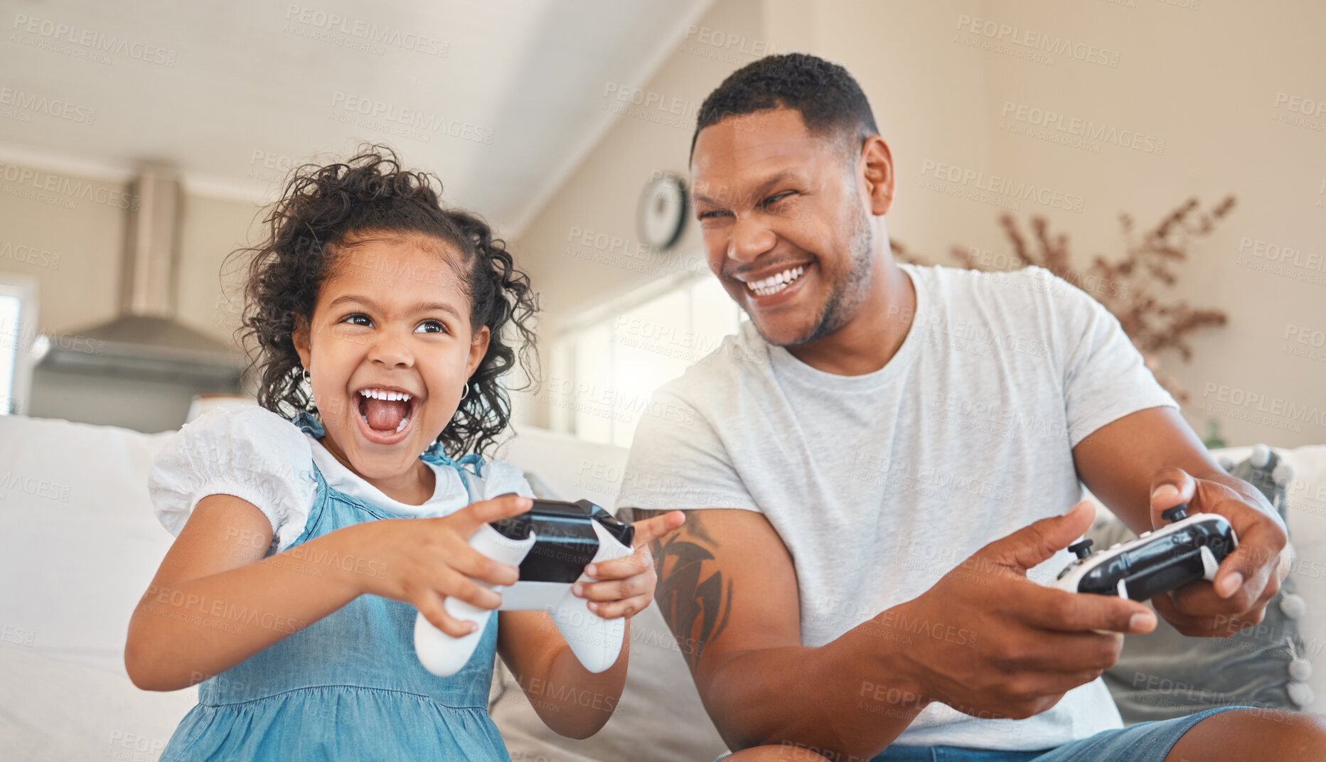 Buy stock photo Sofa, father and girl with controller for video game, entertainment and bonding together at home. Family, papa and happy child with remote for connection, playful and childhood fantasy in apartment