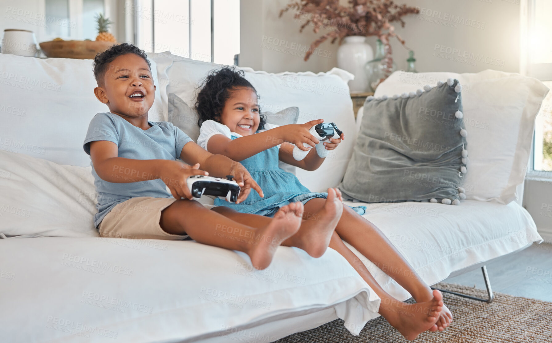 Buy stock photo Sofa, siblings and children with controller for video game, entertainment and bonding together at home. Family, boy and girl with remote for connection, playful and childhood fantasy in apartment