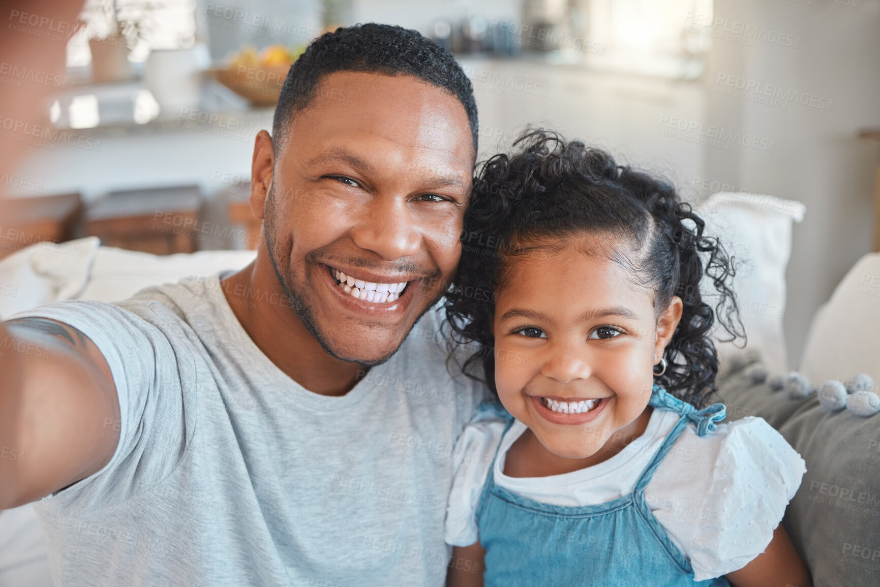 Buy stock photo Sofa, father and girl in portrait for selfie, connection and bonding together with smile at home. Happy family, dad and child with hug embrace for profile picture, social media or parent for security