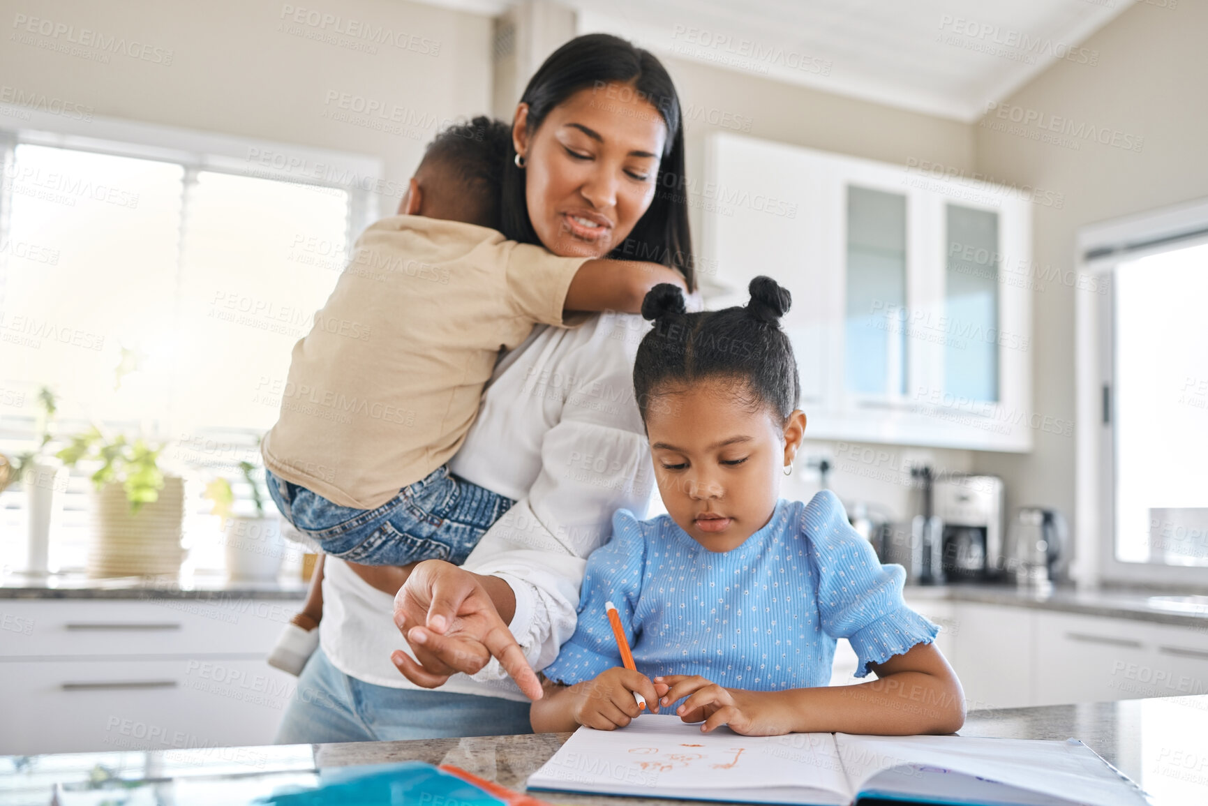 Buy stock photo Mom, children and help in home for homework, education and study with development, people and support. Woman, carrying and kids in kitchen for learning, teaching and school project as happy family