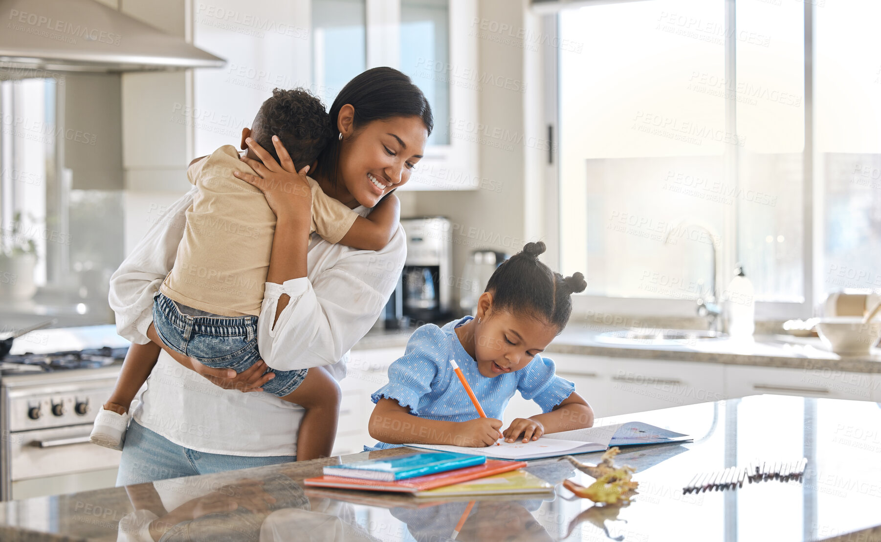 Buy stock photo Mother, children and help in home for homework, education and study with development, people and support. Woman, carrying and kids in kitchen for learning, teaching and school project as happy family