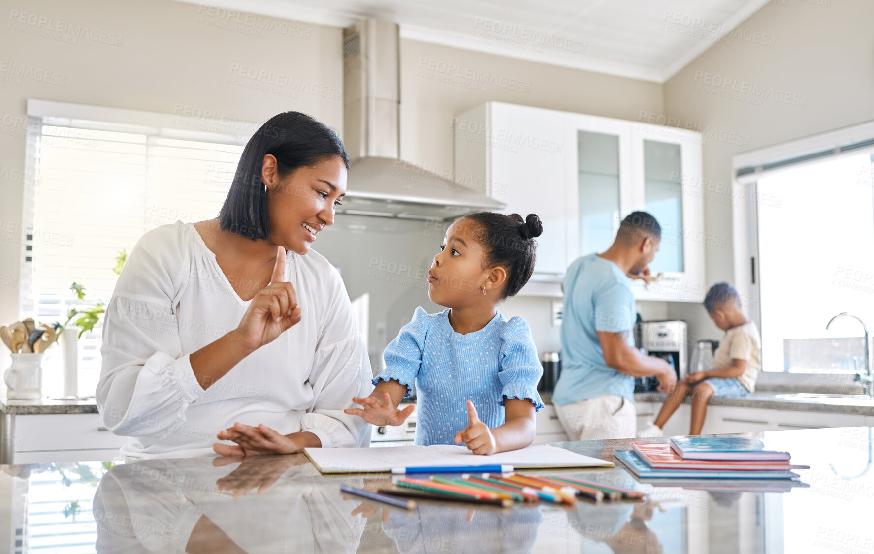 Buy stock photo Mother, girl and teaching in home for homework, education and study with development, people and support. Woman, daughter and math in kitchen for learning, help and school project as happy family