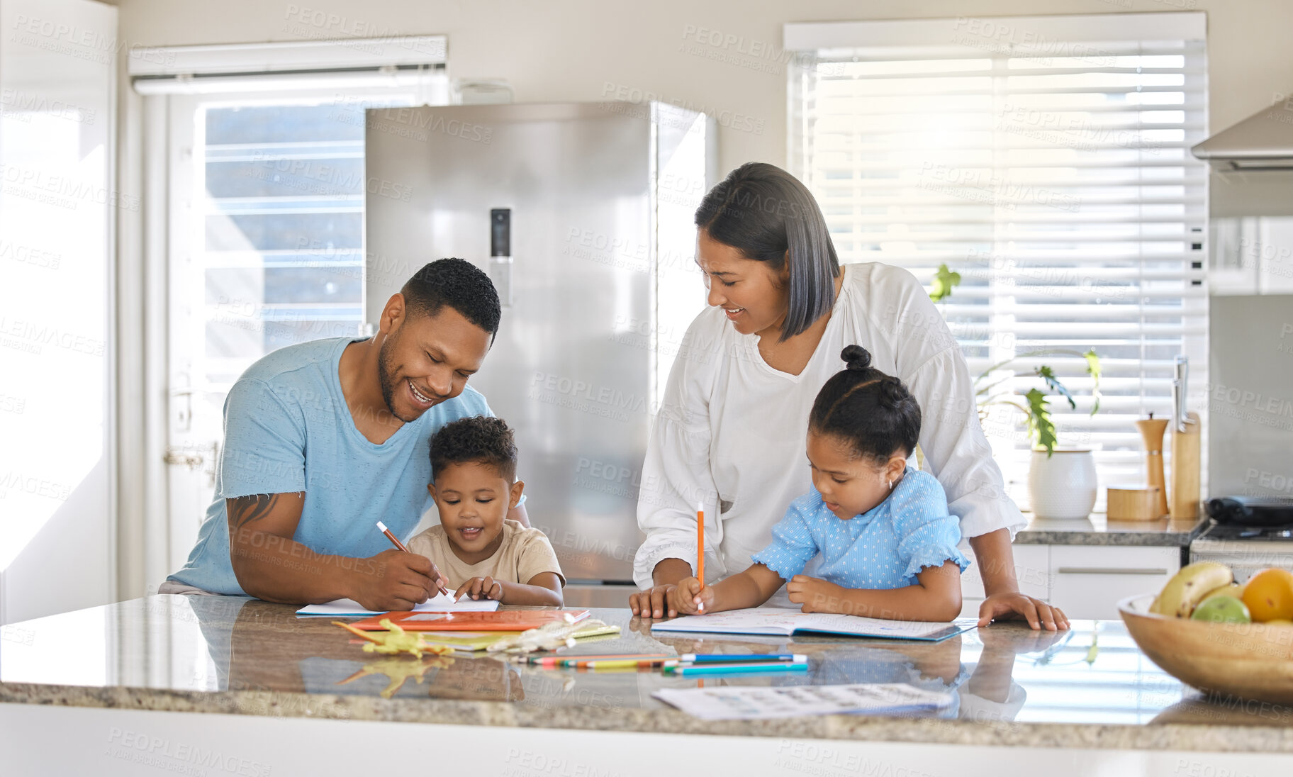 Buy stock photo Shot of parents helping their children with homework at home