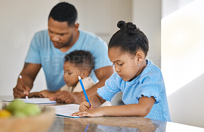 Buy stock photo Father, children and help in home for homework, education and study with development, people and support. Dad, writing and kids in kitchen for learning, teaching and school project as happy family