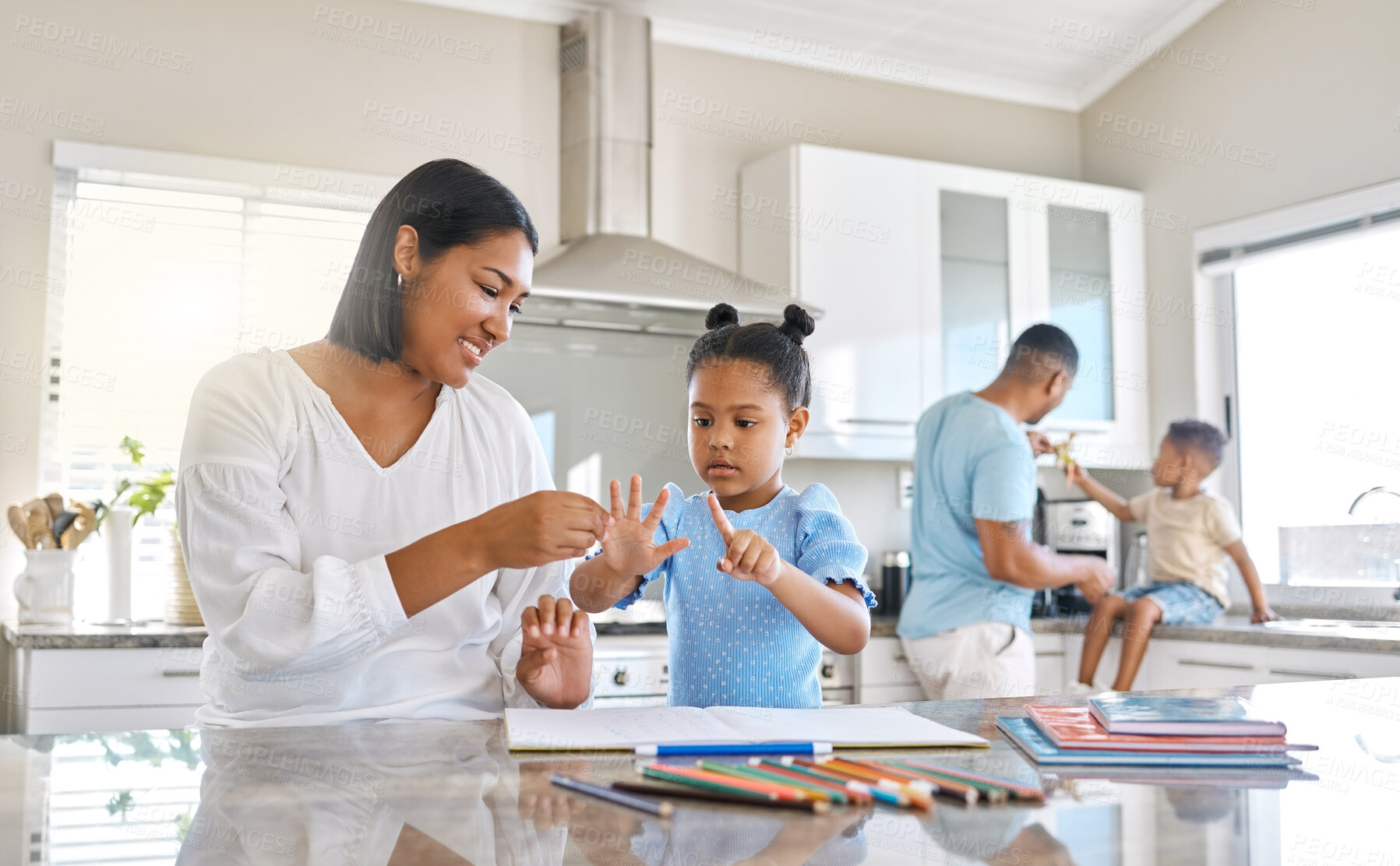 Buy stock photo Mother, girl and help in home for homework, education and study with development, people and support. Woman, daughter and math in kitchen for learning, teaching and school project as happy family