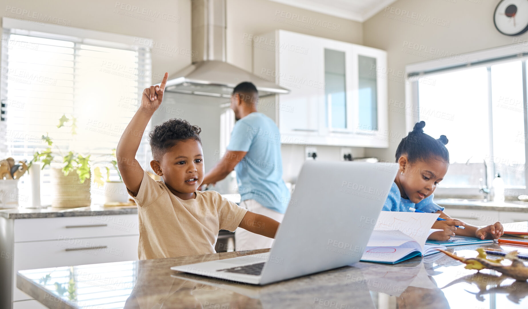Buy stock photo Shot of a little boy in a virtual class using a laptop at home
