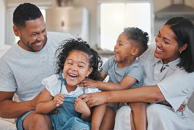 Buy stock photo Family, laughing and home with game with mom, kids and bonding with parents and sibling. Couch, African people and happy with playing, morning and love together in living room with support and care