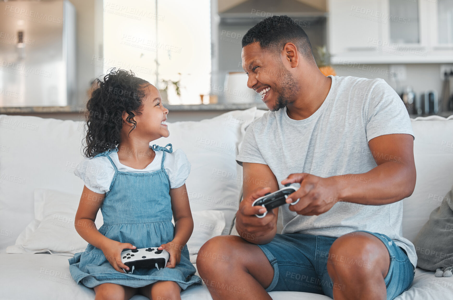 Buy stock photo Dad, girl and video game with controller on sofa, happy or excited for contest, playful and bonding in house. Man, father and child with laugh, connection or press button for challenge in family home