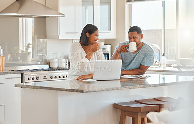 Buy stock photo Laptop, happy couple and drinking coffee in kitchen for love, morning or relax together in home. Smile, man and woman with tea by computer for budget planning, savings or financial information online