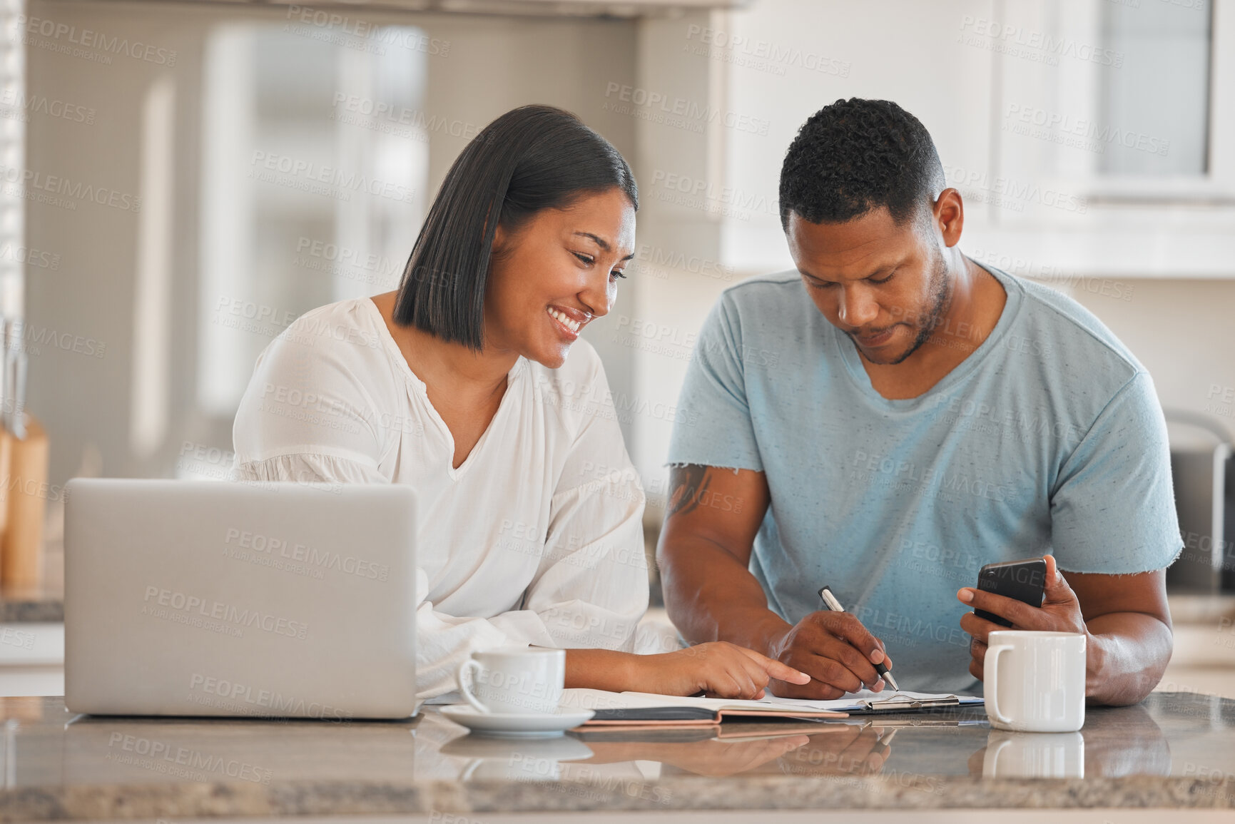 Buy stock photo Couple, kitchen and paperwork for budget, finance or smile with laptop, phone and writing notes in home. Man, woman and documents with notebook, mortgage or computer for tax, compliance or investing