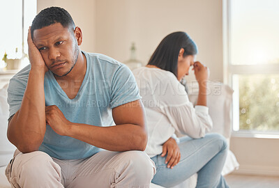 Buy stock photo Couple, argument and sad in house, fight and people with stress, thinking and frustrated in kitchen. Divorce, woman and man with conflict, breakup and problem in relationship, mad and annoyed