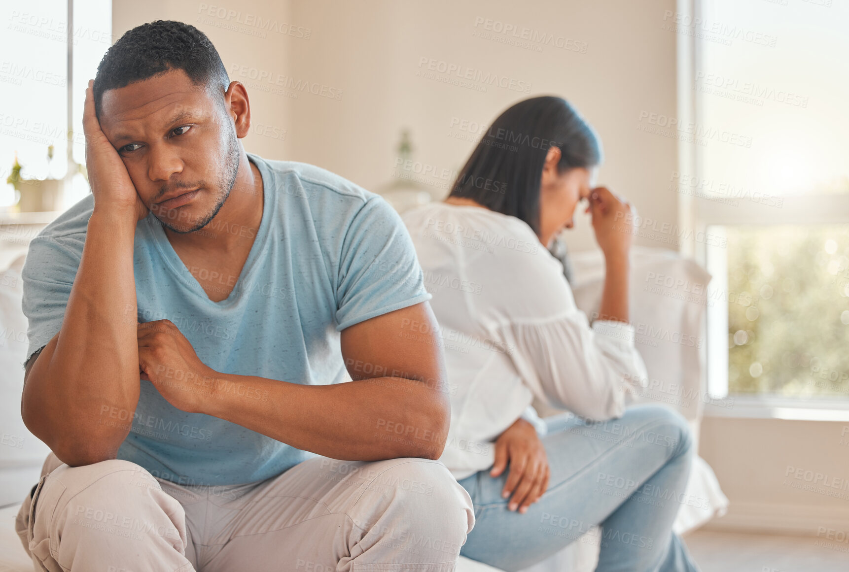 Buy stock photo Couple, argument and sad in house, fight and people with stress, thinking and frustrated in kitchen. Divorce, woman and man with conflict, breakup and problem in relationship, mad and annoyed