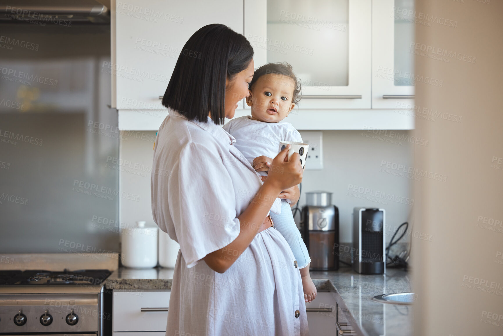 Buy stock photo Bonding, mom and baby in morning, house and love for child, family and together with newborn and young. Care, happy and motherhood for woman, smile and affection for infant, parent and mother in home