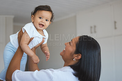 Buy stock photo Bonding, mom and baby in morning, game and love for child, family and together with newborn and young. Care, happy and motherhood for woman, smile and affection with playing, parent or mother in home